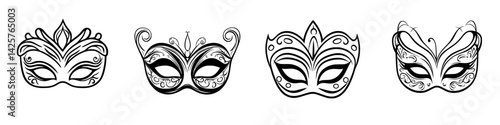 Stylish black icons of decorative masks for celebration or festival use