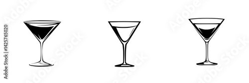 Set of black icons depicting various types of cocktail glasses on a white background for use in design and advertising projects