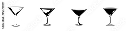 Variety of black cocktail icons in minimalistic design, showcasing different glass shapes and contents for graphic use