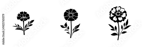 Black icon design featuring three floral shapes with leaves showcasing unique silhouettes and styles in a minimalist approach