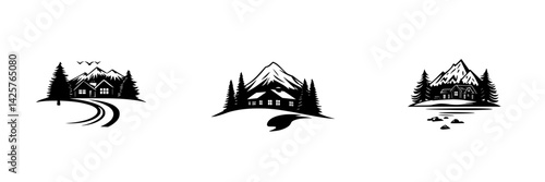 Black icon set featuring mountain landscapes with houses and trees in varying orientations