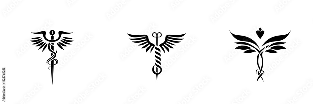 Fototapeta premium Set of three black icons representing medical symbolism and healing concepts without any background details or colors