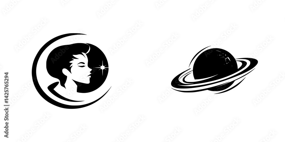 Black icon set featuring a silhouette of a person gazing at a star and a planetary design Black icon set featuring a silhouette of a person gazing at a star and a planetary design