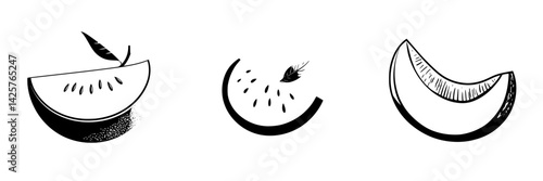 Black icons of watermelon slices, showcasing various perspectives and details for design applications