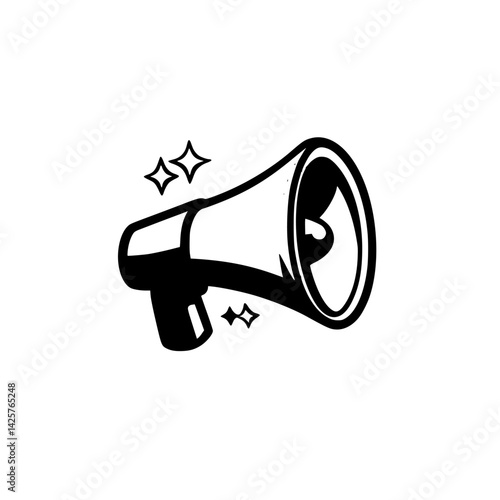 Black icon of a megaphone with sparkles, representing communication and announcements in a modern design