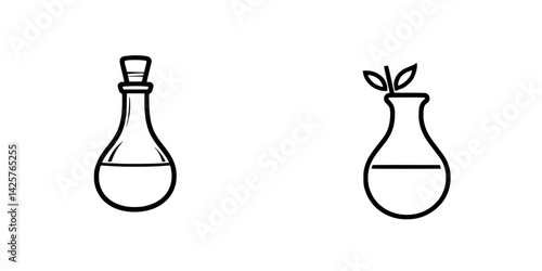 Set of black icons depicting two laboratory glassware vessels with liquids and a leaf element, suitable for science or chemistry themes