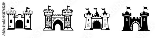 Set of black castle icons featuring towers, flags, and gates for digital design or illustration use