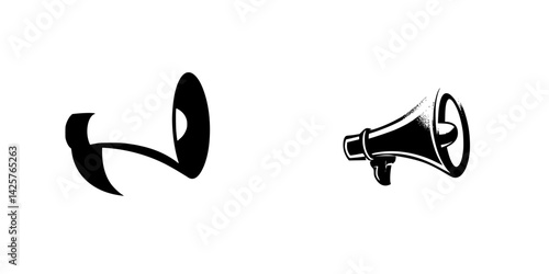 Set of black icons featuring a horn and a megaphone designed for communication and announcement purposes
