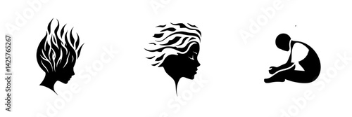 Black icon set featuring abstract hair designs and a seated figure, showcasing various expressions of emotion and identity