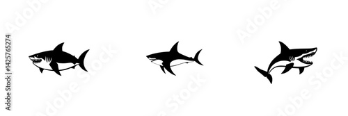Set of black icons representing various shark designs in a simplistic and stylized form, suitable for digital or print use