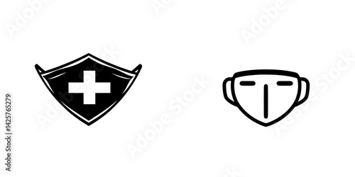 Set of black icons representing health and safety through a shield and mask, symbolizing protection and hygiene