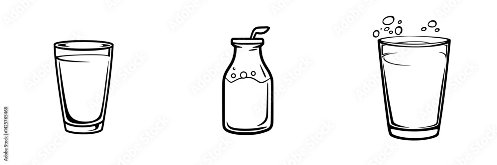 Set of black icons featuring a drinking glass, a milk bottle, and a fizzy beverage cup on a white background Set of black icons featuring a drinking glass, a milk bottle, and a fizzy beverage cup on a white background