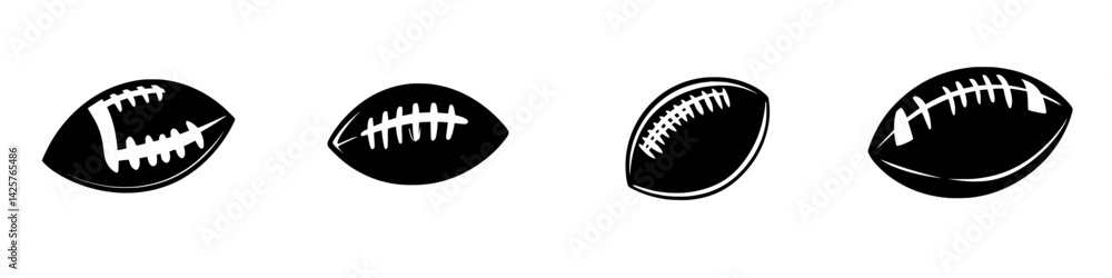 Black icon design featuring various styles of footballs in sleek and modern illustrations Black icon design featuring various styles of footballs in sleek and modern illustrations