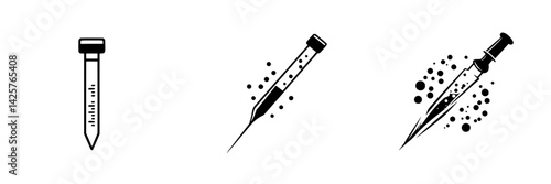 Set of three black icons representing scientific laboratory equipment for various testing activities
