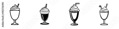 Variety of dessert cups with cream toppings and straws in a simple black icon style artwork