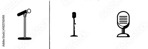 Different styles of microphone icons in black set for various audio and music related applications and designs