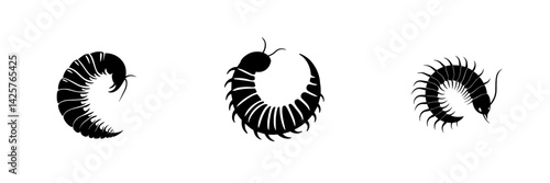Black icon set featuring stylized centipede designs in various poses and orientations for graphic use and illustration purposes