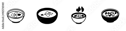 Black icons depicting various bowls with ice cubes and steam, showcasing diverse food preparation styles