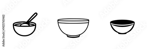 Set of black icons depicting various bowl designs with spoon, simple bowl, and shallow bowl layout
