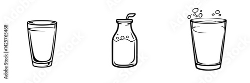 Set of black icons featuring a drinking glass, a milk bottle, and a fizzy beverage cup on a white background