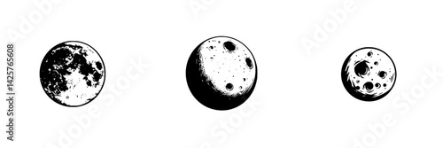 Black icon set featuring different moon phases in a minimalistic design for creative projects and digital applications