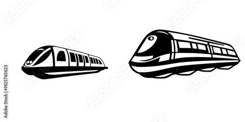 Black train icons depicting two different train designs in a minimalist style suitable for graphic design projects