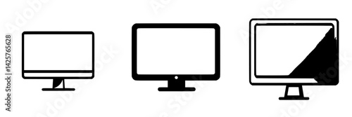 Collection of black icons representing different styles of computer monitors designed for digital applications