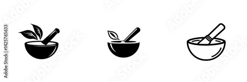 Set of black icons depicting mortar and pestle in various styles suitable for culinary and herbal themes
