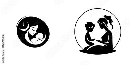 Set of black icons representing maternal bonding and caregiving between mother and child in a simple design