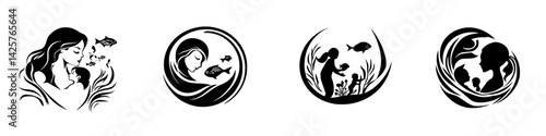 Black icon set showcasing nurturing relationships with children and nature's elements in elegant designs