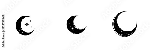 Stylized black crescent moon icons with stars on a white background for artistic design