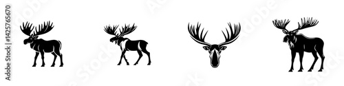 Four distinct black icons of moose showcasing various angles and features