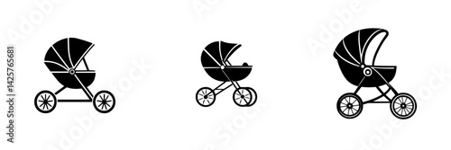 Set of three black icons representing various styles of baby strollers in minimalist design for modern child care