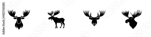 Silhouettes of moose in black icon style showcasing different postures and perspectives for creative design