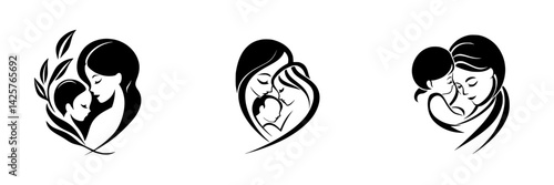 Icons representing maternal love and bonding through simple, elegant black designs