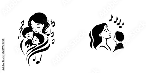 Black icon depicting a mother singing with children surrounded by music notes, representing love and joy in family moments
