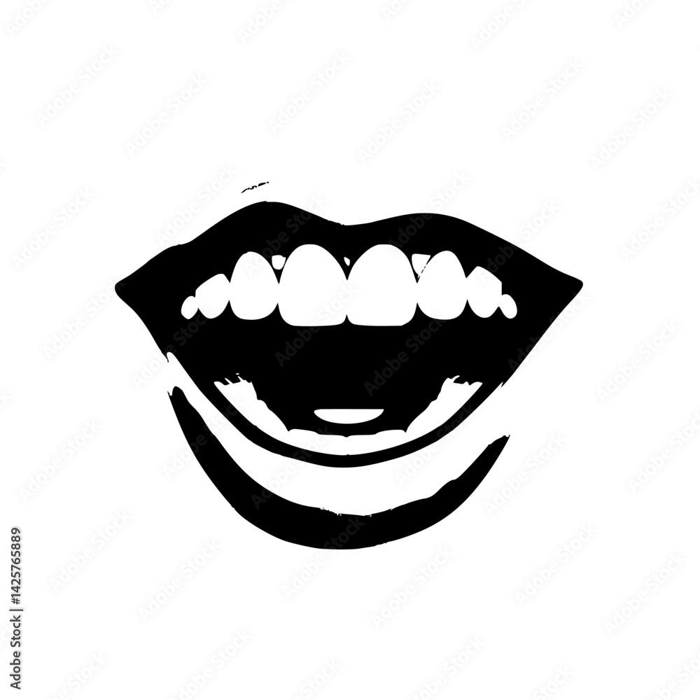 Naklejka premium Black icon of a smiling mouth featuring visible teeth, suitable for design or communication purposes