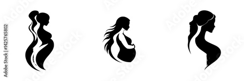 Elegant black icons representing pregnant women celebrating motherhood and femininity through graceful silhouettes in a modern design
