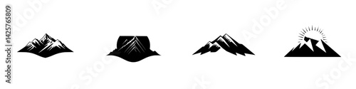 Black icon set featuring mountains with varying designs and orientations on a simple background