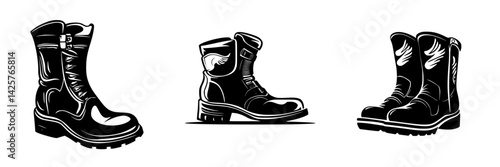 Different types of black boots displayed together in a minimalist style