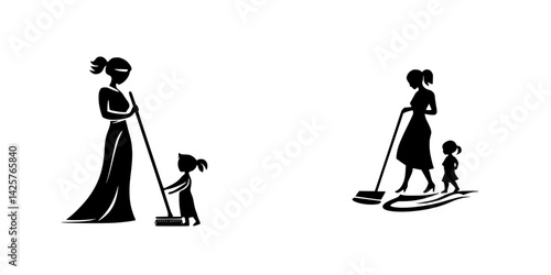 Mother and child engaging in cleaning activities, emphasizing teamwork and daily chores, in a home environment