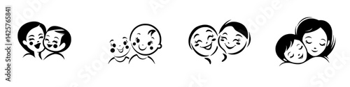 Simple black icons depicting various affectionate relationships between parents and children, showcasing smiles and joy in bonding moments