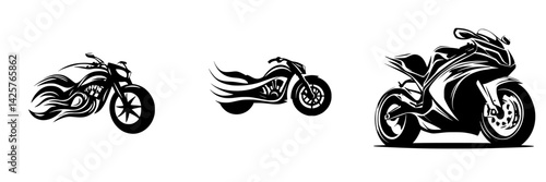 Stylized black motorcycle icons showcasing different designs and shapes in a simple yet impactful presentation