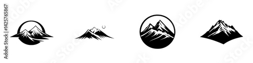 Black icons depicting mountain landscapes with various styles during daytime