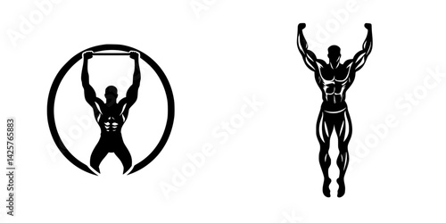 Black fitness icons representing strength and bodybuilding in a minimalist design showcasing athleticism and power