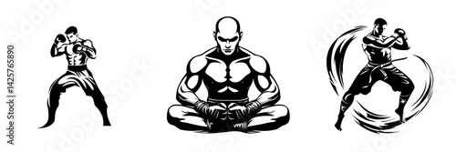 Black icons depicting martial arts fighters in various stances and poses promoting strength and discipline in combat sports training