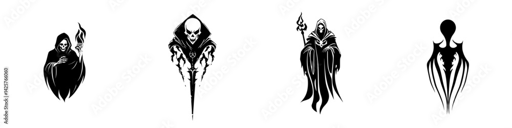 Set of black icons representing dark themes and mystical symbols suitable for various design projects or artistic uses Set of black icons representing dark themes and mystical symbols suitable for various design projects or artistic uses