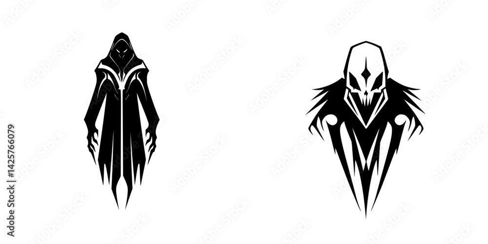 Fototapeta premium Black icon of a mysterious figure with elongated features, featuring a hood and skeletal design, evoking a sense of intrigue and darkness