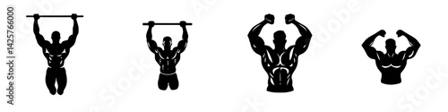 Set of black fitness icons representing various strength training exercises and muscle poses for fitness enthusiasts