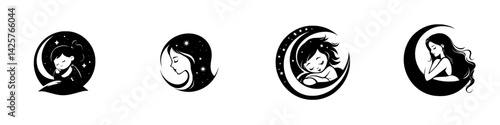 Elegant black icons of women in moon shapes representing tranquility, dreams, and serenity during nighttime